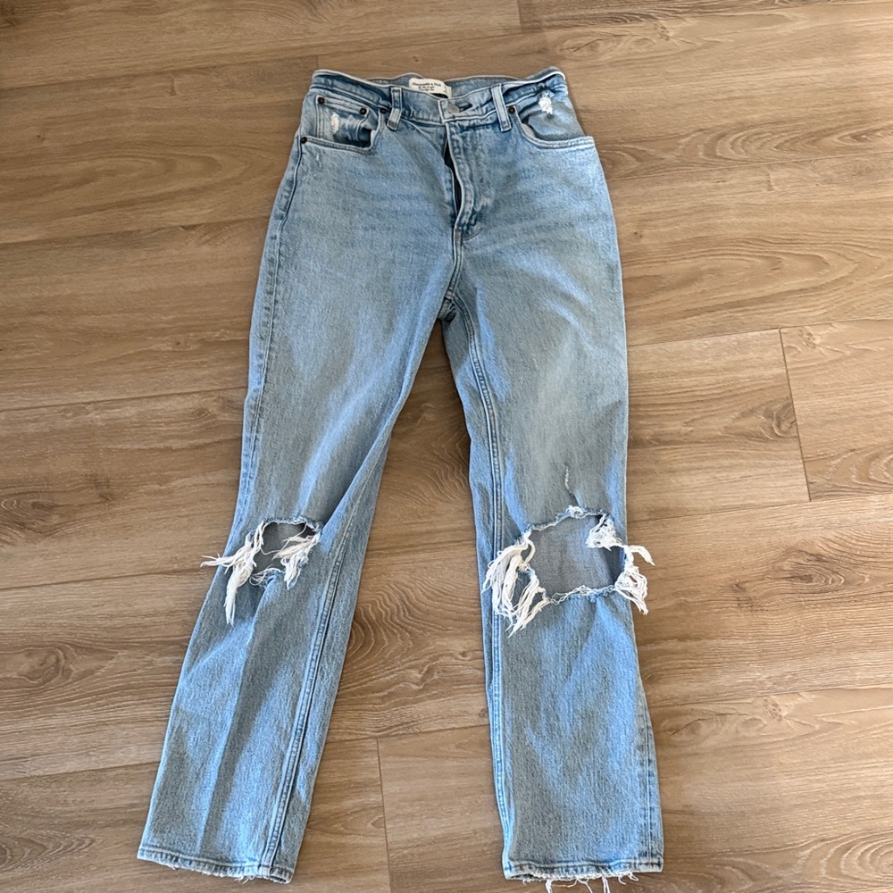 Abercrombie & Fitch Light Blue Ripped Straight-Leg Jeans